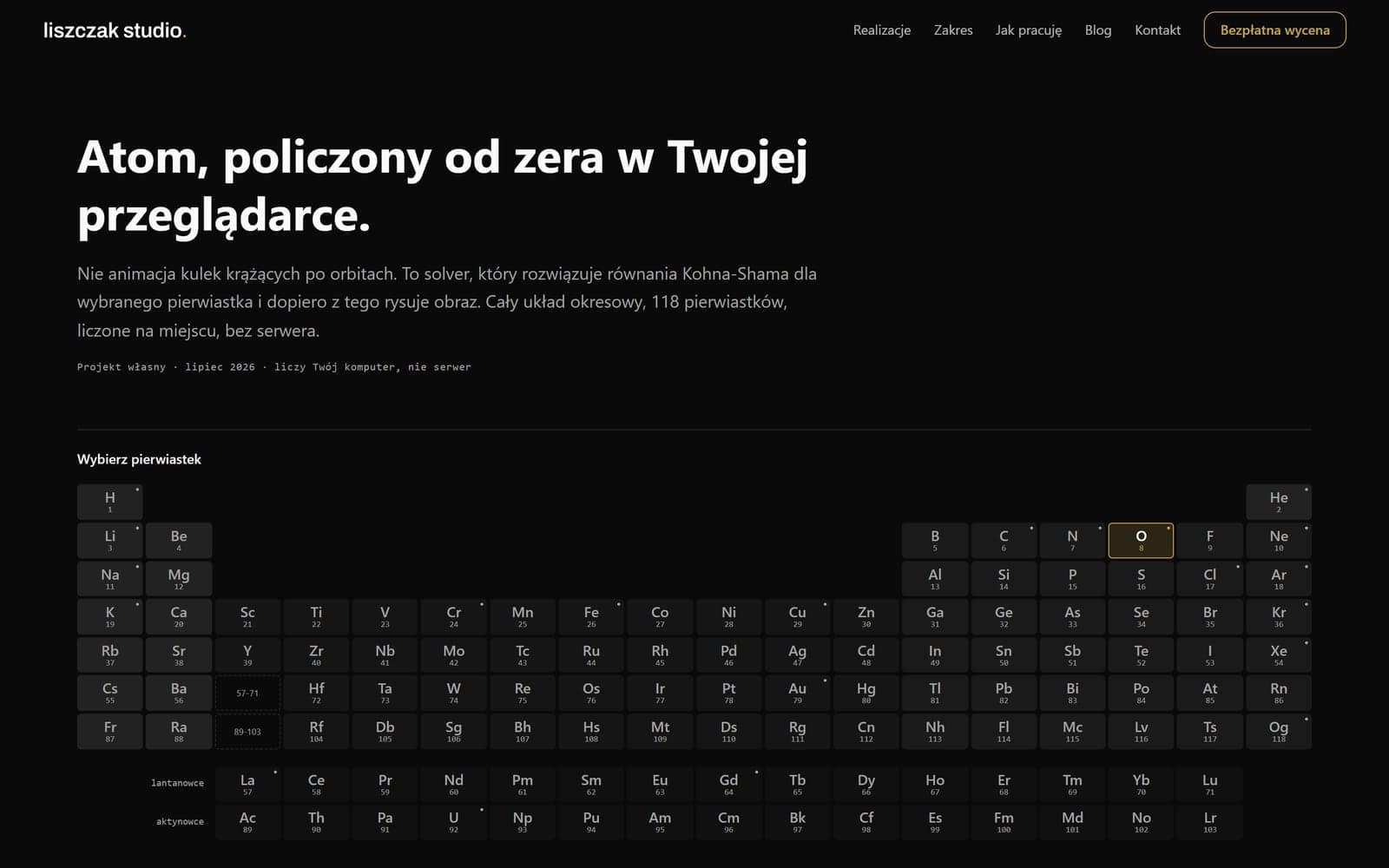 Strona Atom, ekran powitalny
